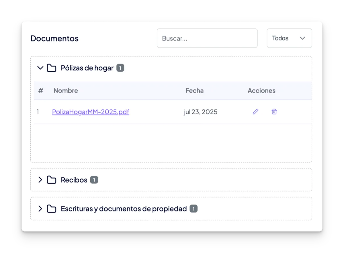 Captura de Documentación del inmueble centralizada: contratos, escrituras y registros en la funcionalidad Gestión de propiedades