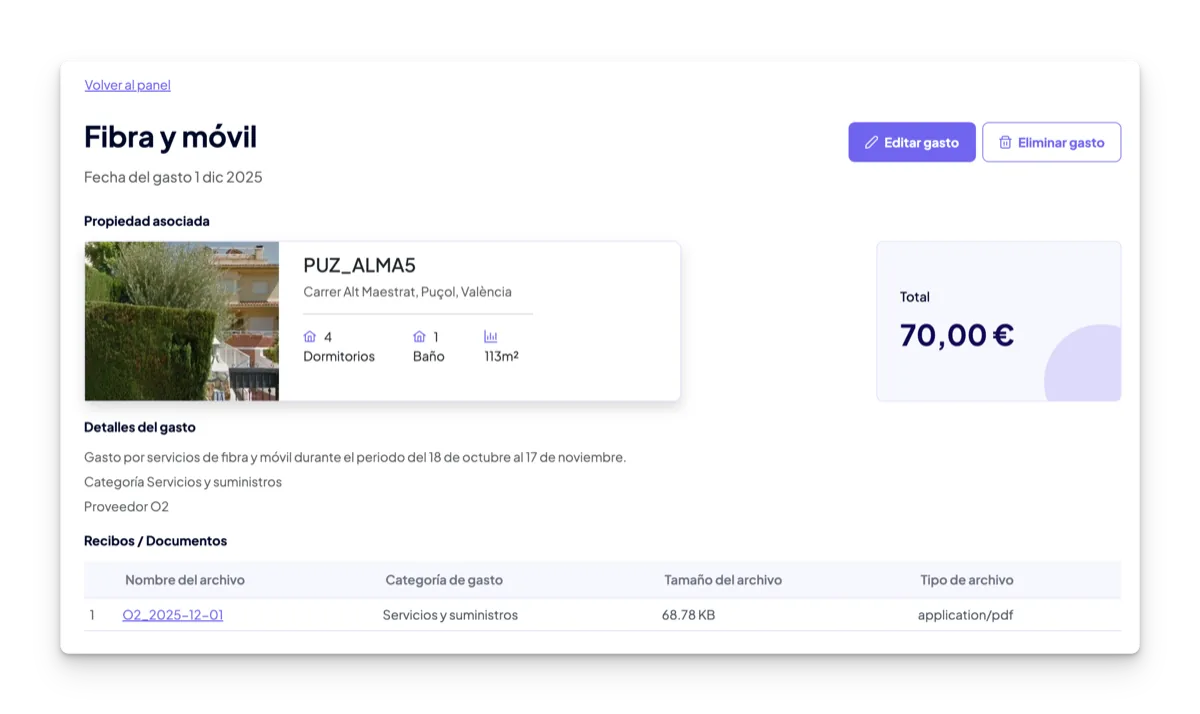 Captura de Historial completo de cada propiedad en alquiler en la funcionalidad Gestión de propiedades